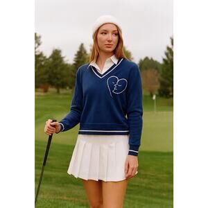 Catherine Malandrino Moon Face Print Navy V-Neck Dolman Sleeve Sweater Size M